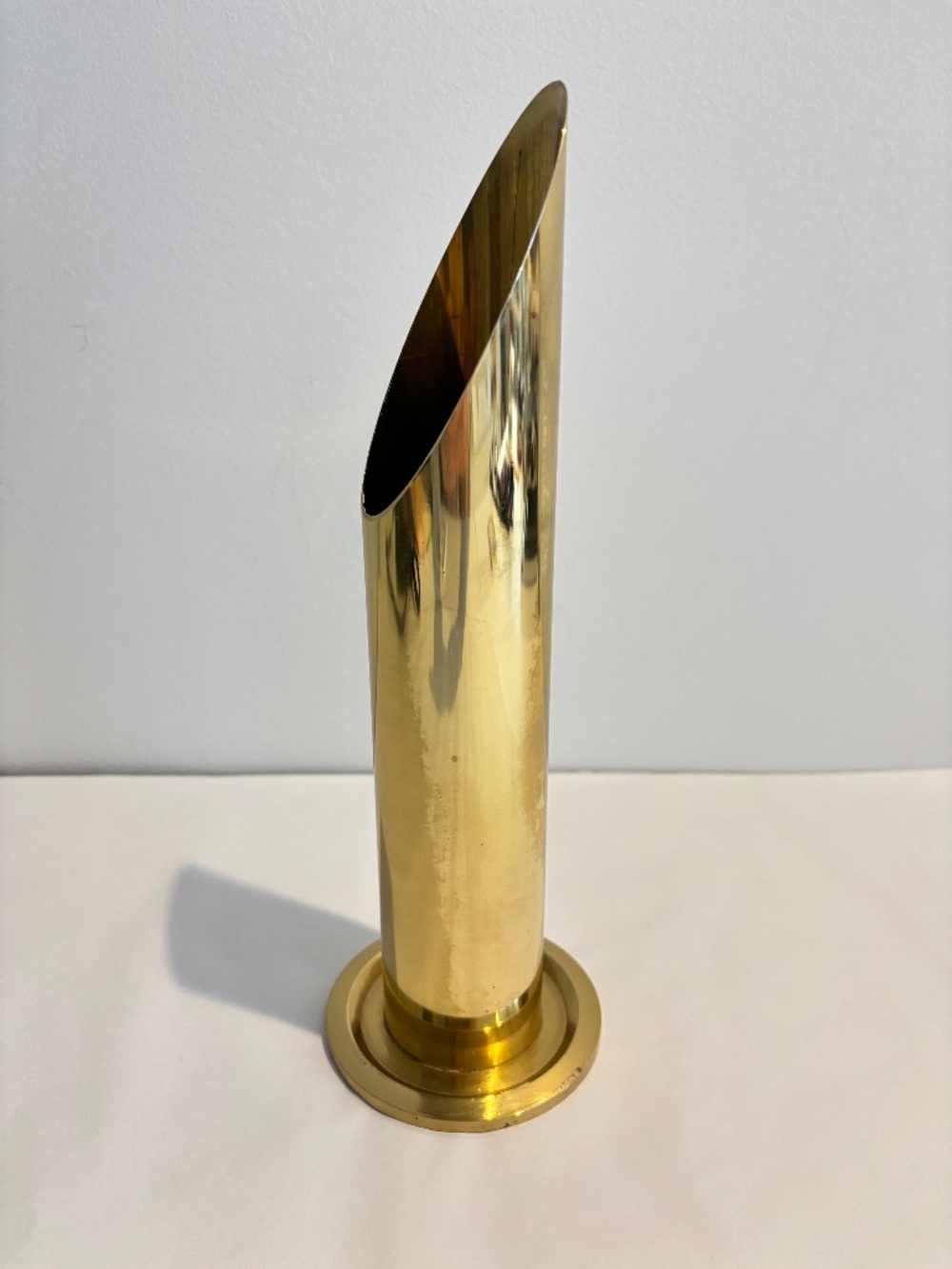 Mid-Century Hollywood Regency brass tubular vase asymmetrical angled opening